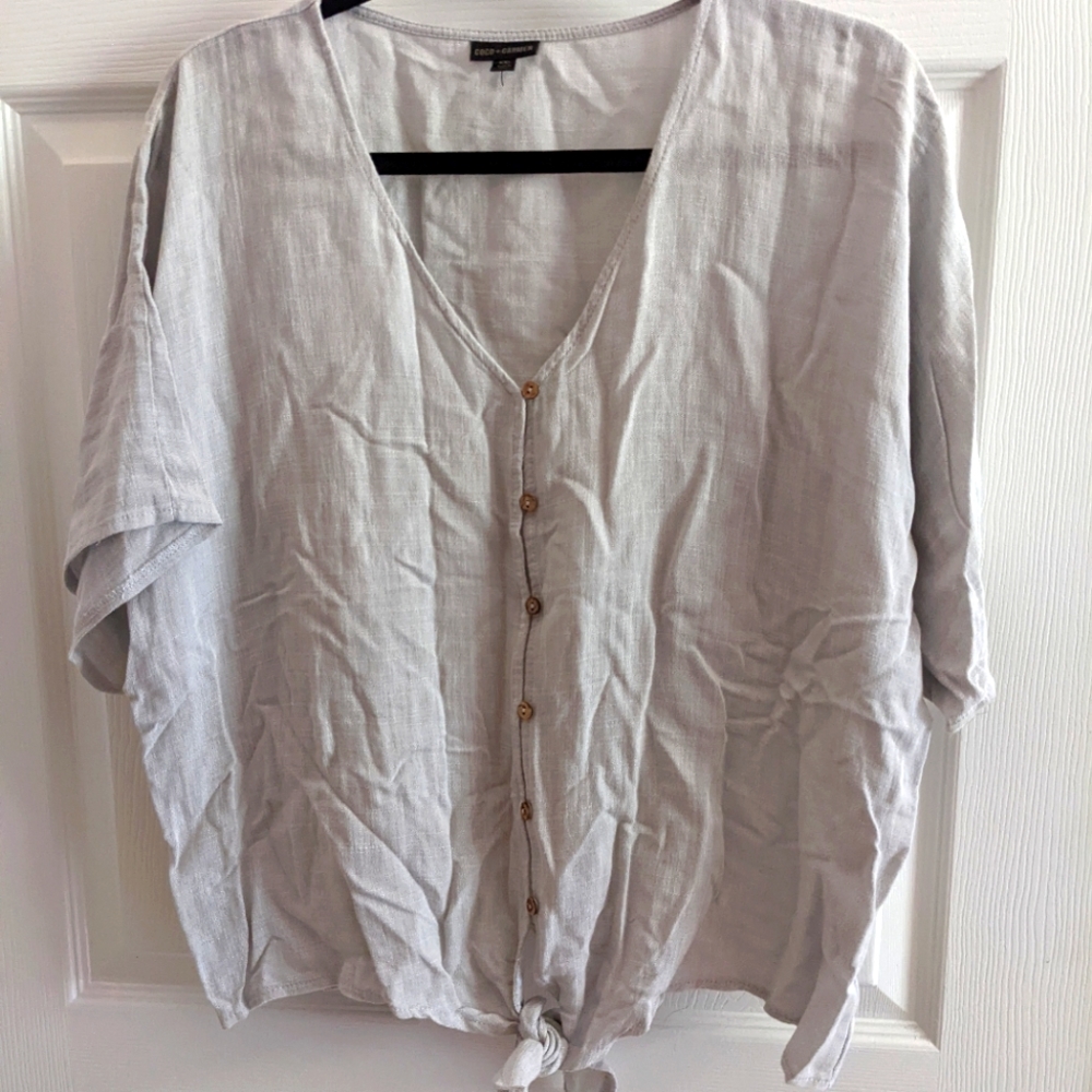 Cropped Linen Tie Front Top